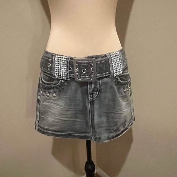 Capture Denim Dresses & Skirts - Capture Denim Studded Washed Black Denim Mini Skirt w/ Rhinestone Belt, Medium